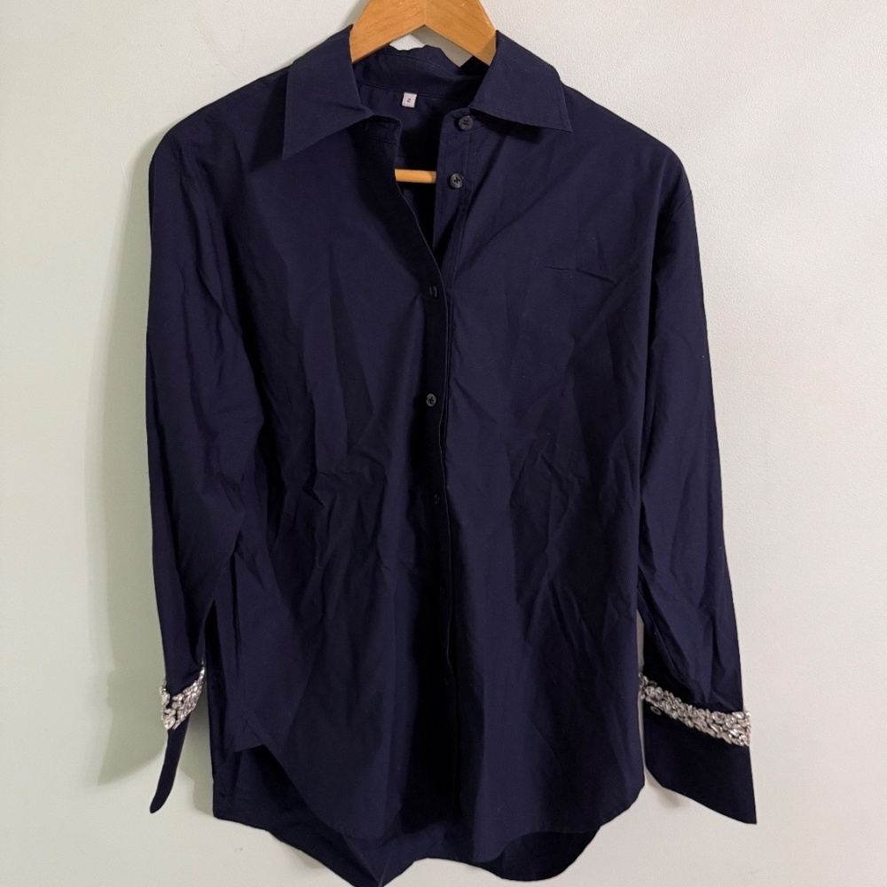A.L.C. Calvin Rhinestone Embellished Shirt in Maritime Navy Size 2